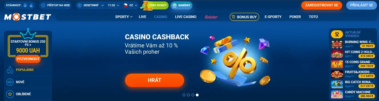 Hlavní menu kasina MostBet